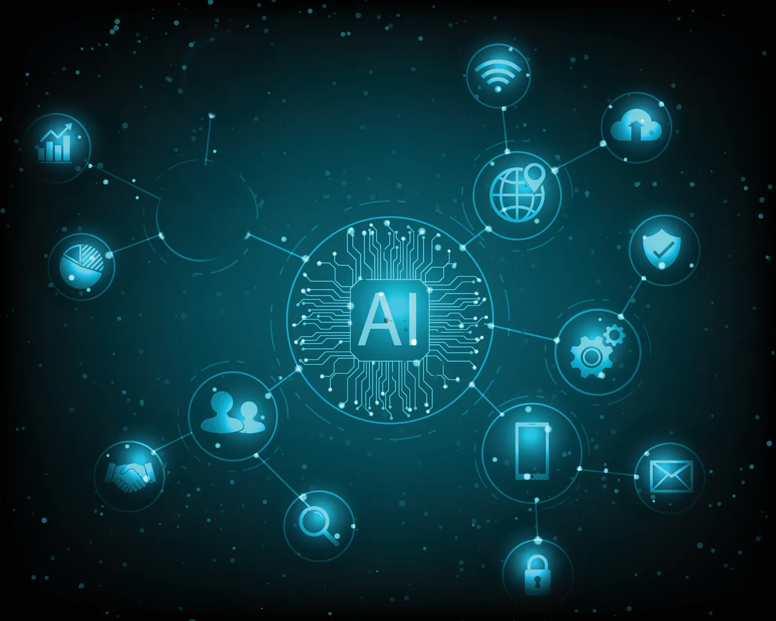 Mesterséges intelligencia hálózati illusztráció: középen egy AI-chip, körülötte összekapcsolt adatcsomópontok.
